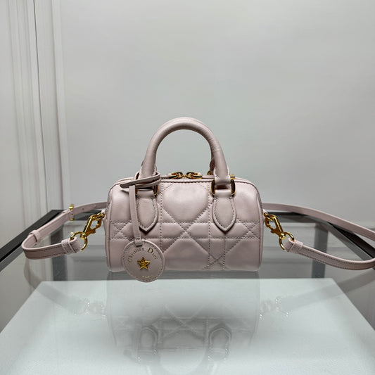 Mini Cannage Quilted Leather Bowling Bag with Top Handles - Soft Pink