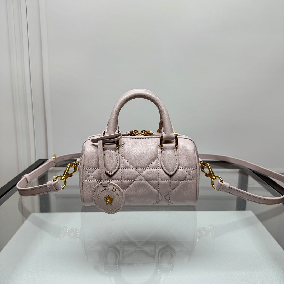 Luxury Mini Quilted Leather Top Handle Bag - Light Pink Crossbody with Gold Hardware