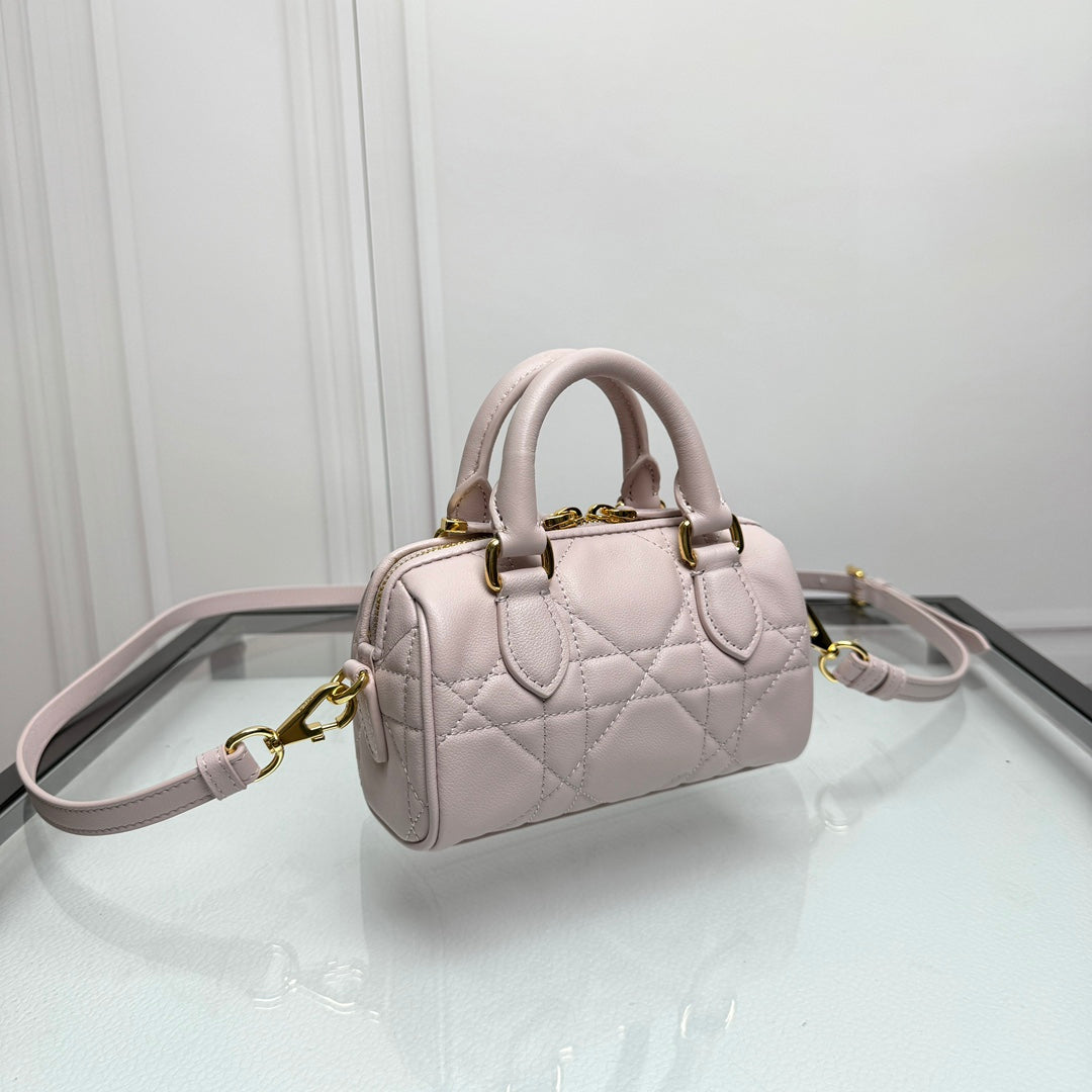 Luxury Mini Quilted Leather Top Handle Bag - Light Pink Crossbody with Gold Hardware