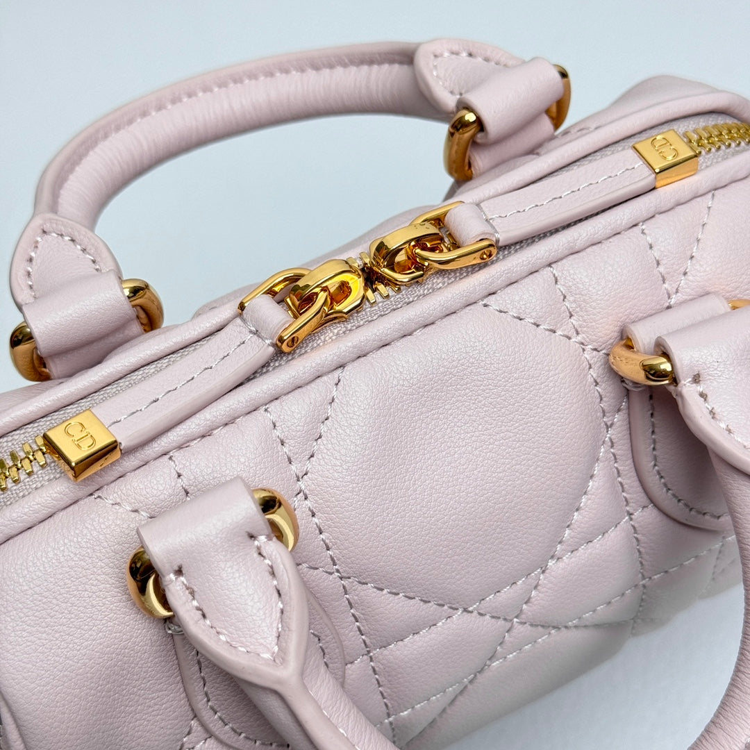 Mini Cannage Quilted Leather Bowling Bag with Top Handles - Soft Pink