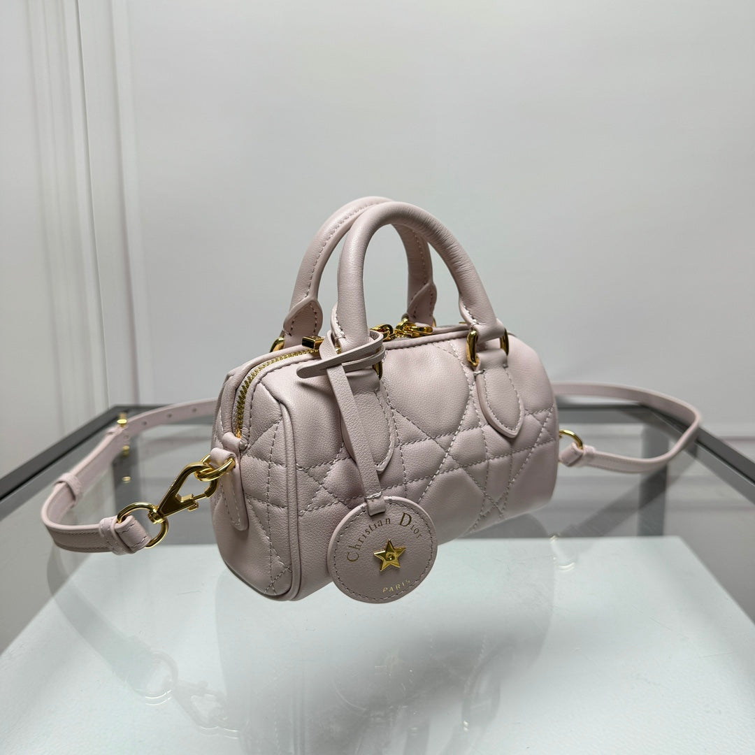 Mini Cannage Quilted Leather Bowling Bag with Top Handles - Soft Pink