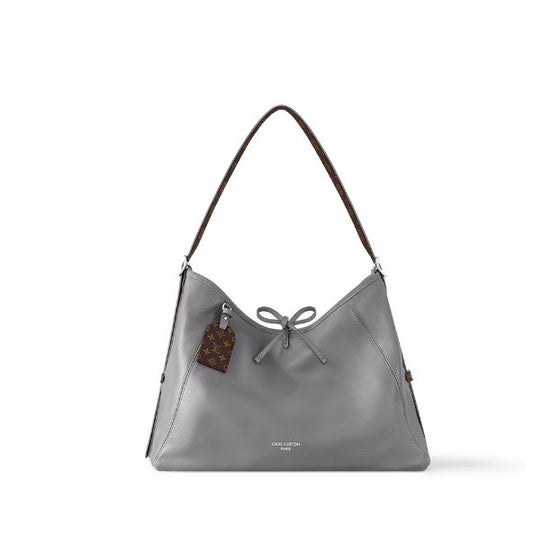 Louis Vuitton Grey Leather Hobo Bag with Monogram Charm