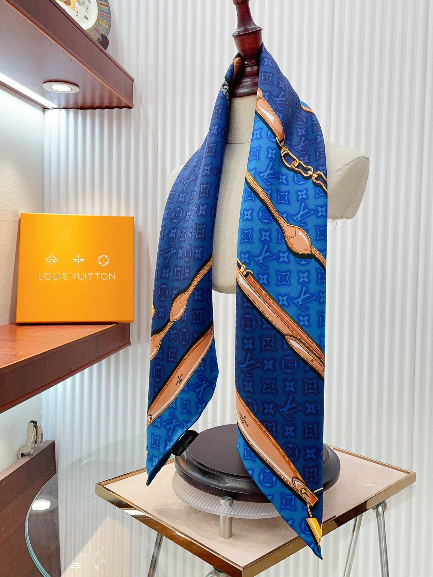 Elegant Blue Silk Square Scarf for Women with Chain and Belt Print Pattern