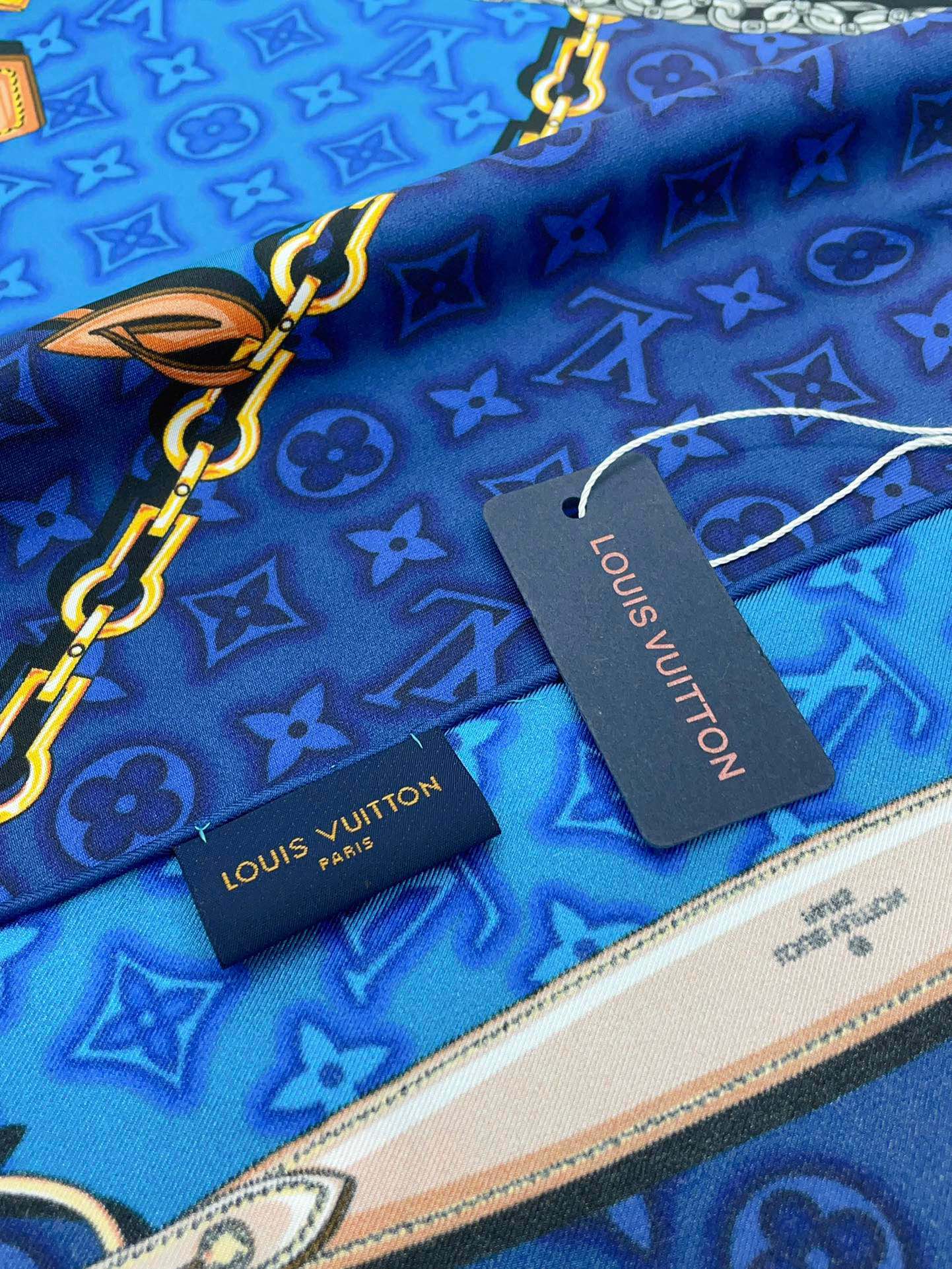 Elegant Blue Silk Square Scarf for Women with Chain and Belt Print Pattern