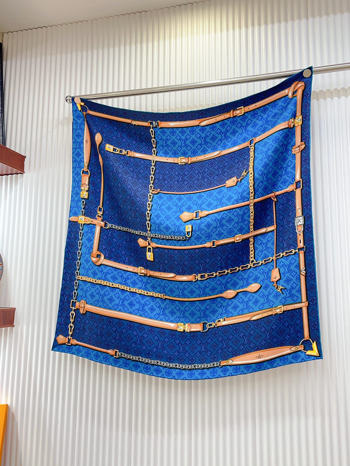 Elegant Blue Silk Square Scarf for Women with Chain and Belt Print Pattern