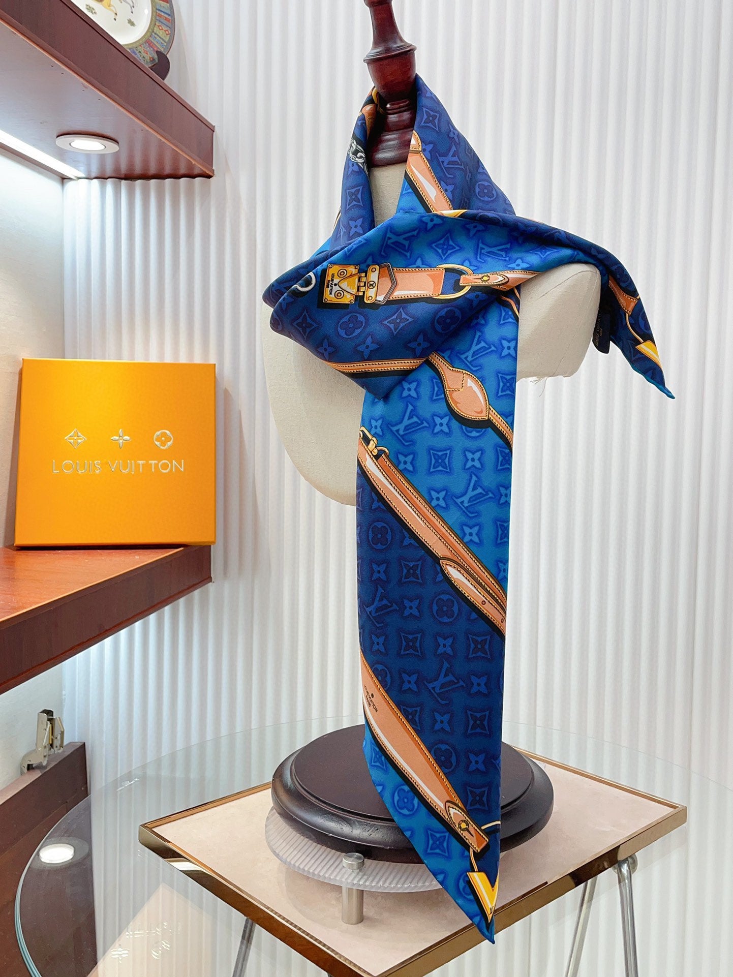 Elegant Blue Silk Square Scarf for Women with Chain and Belt Print Pattern