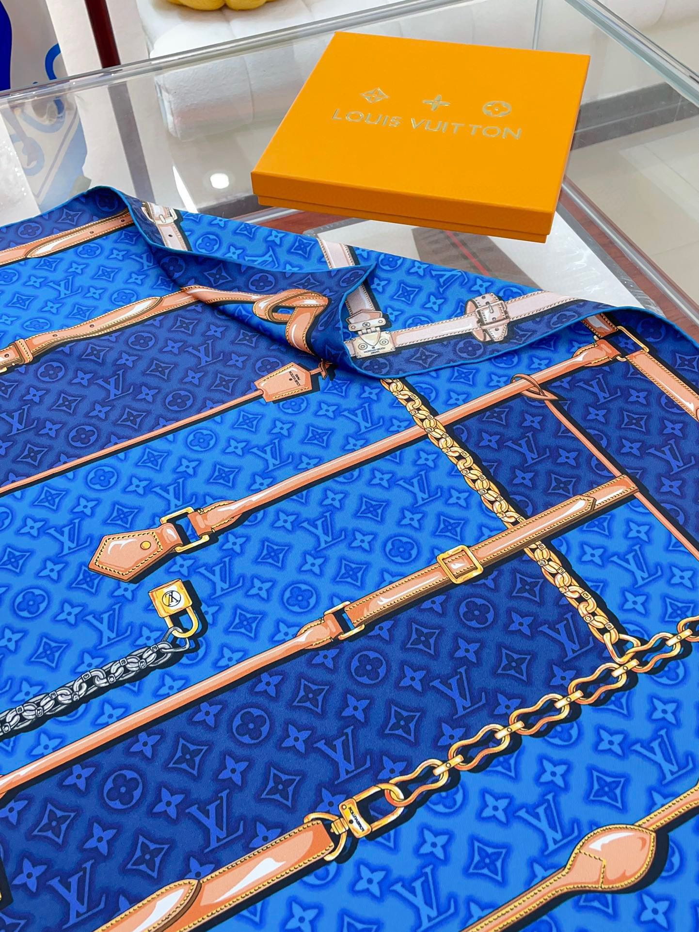 Elegant Blue Silk Square Scarf for Women with Chain and Belt Print Pattern