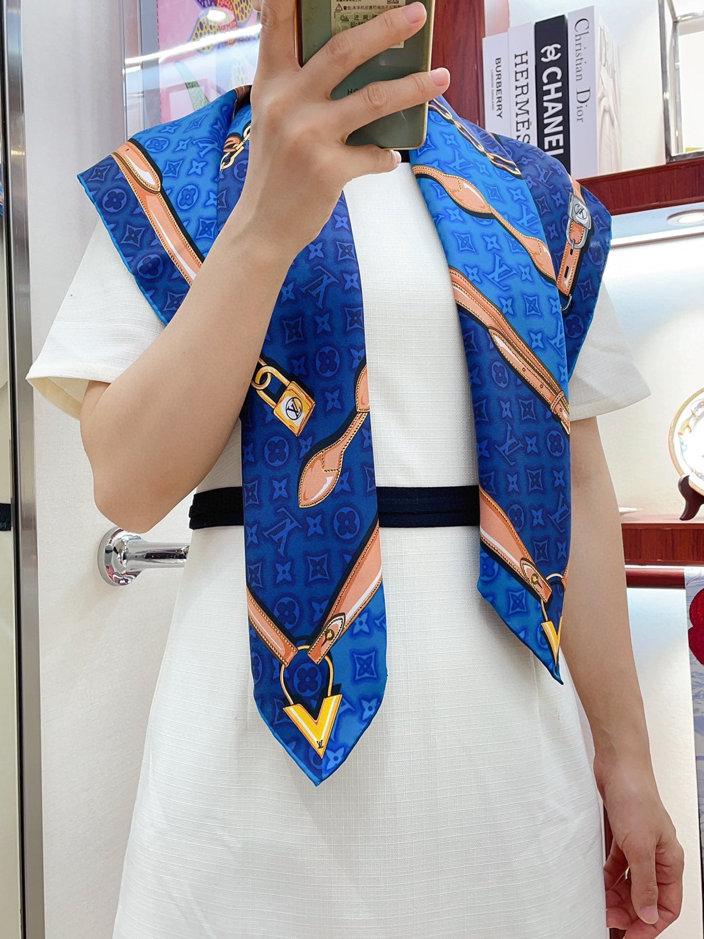 Elegant Blue Silk Square Scarf for Women with Chain and Belt Print Pattern