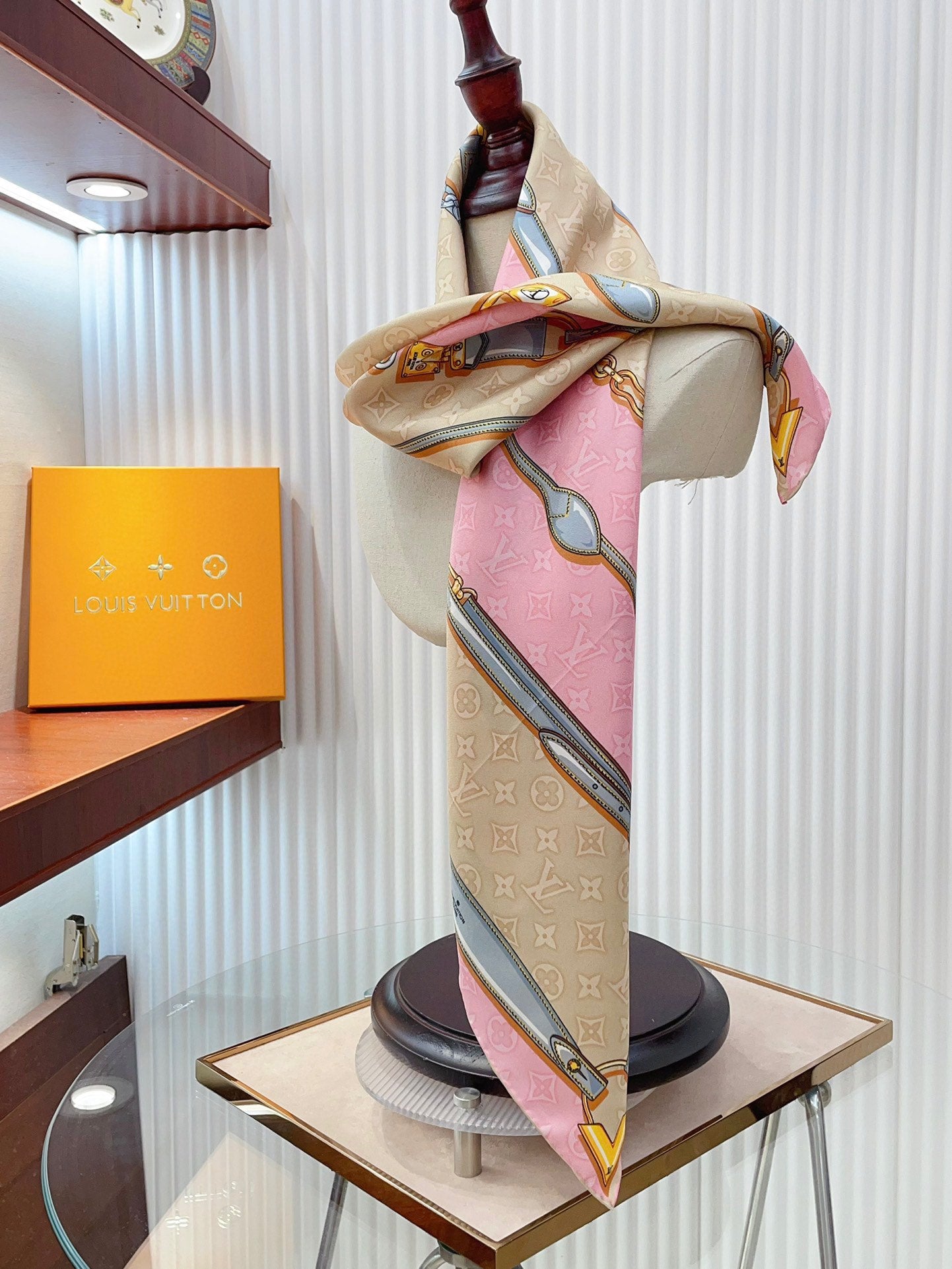 Pink and Beige Silk Feel Scarf for Women with Elegant Chain and Belt Print - Versatile Fashion Neck Scarf
