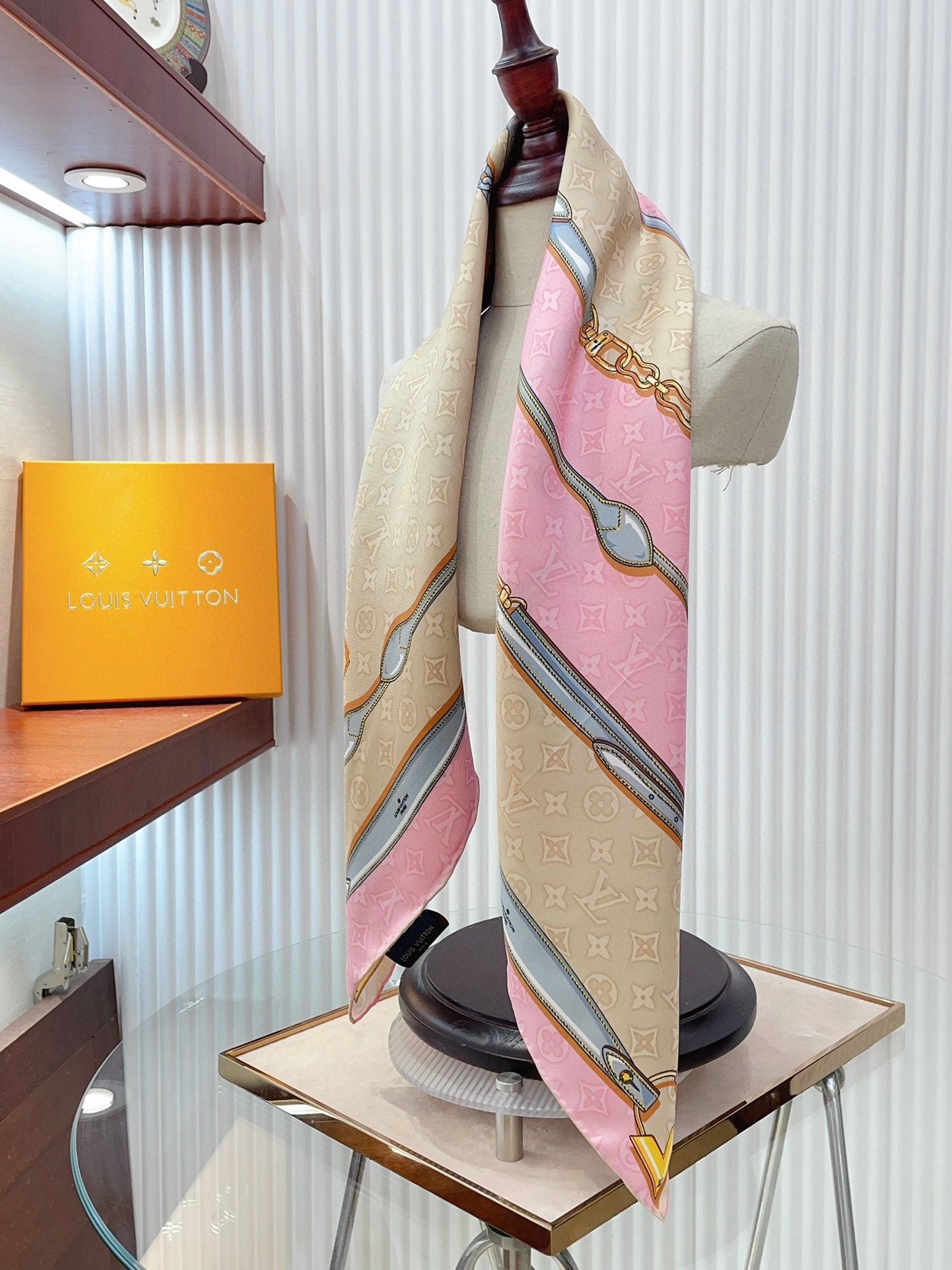 Pink and Beige Silk Feel Scarf for Women with Elegant Chain and Belt Print - Versatile Fashion Neck Scarf