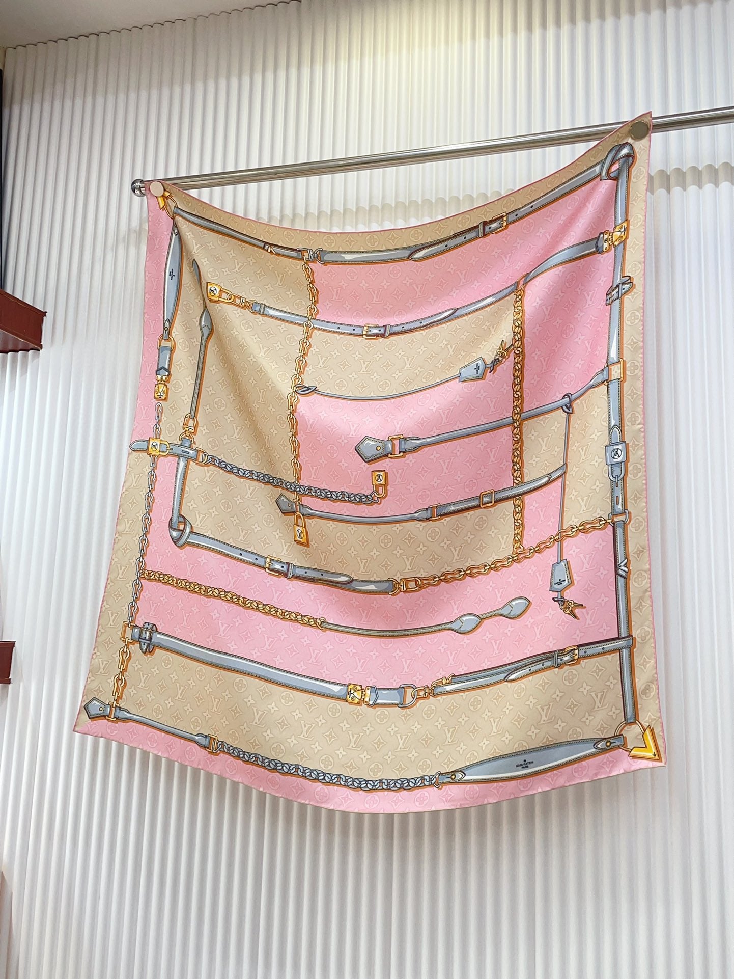 Pink and Beige Silk Feel Scarf for Women with Elegant Chain and Belt Print - Versatile Fashion Neck Scarf