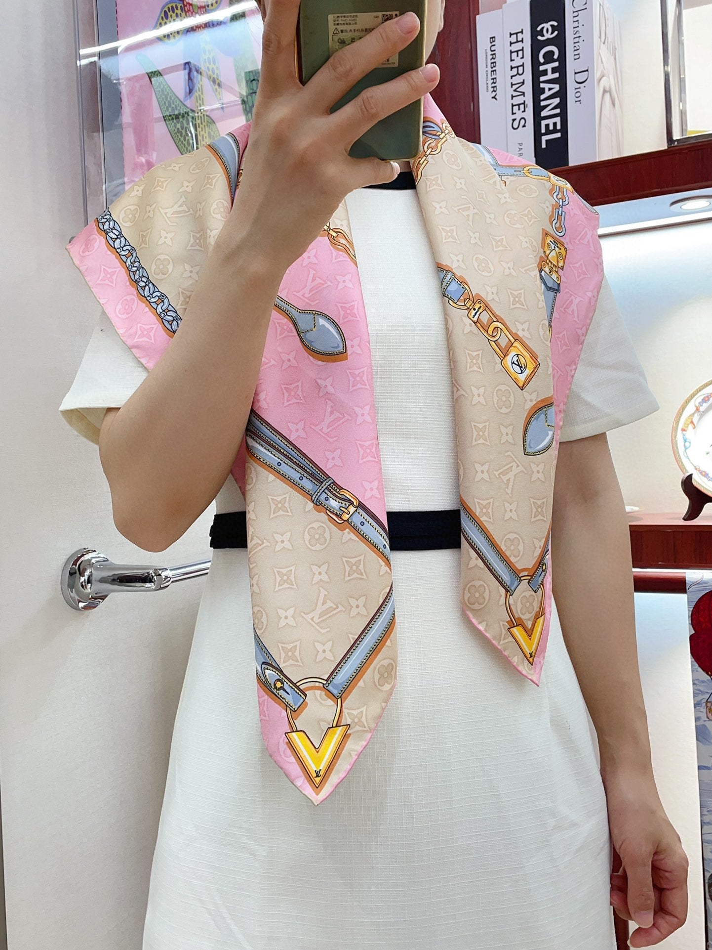 Pink and Beige Silk Feel Scarf for Women with Elegant Chain and Belt Print - Versatile Fashion Neck Scarf