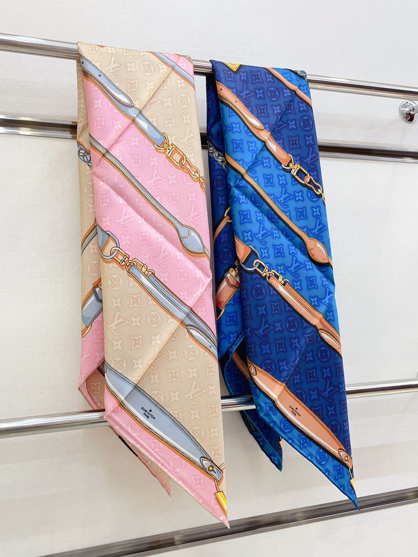 Pink and Beige Silk Feel Scarf for Women with Elegant Chain and Belt Print - Versatile Fashion Neck Scarf