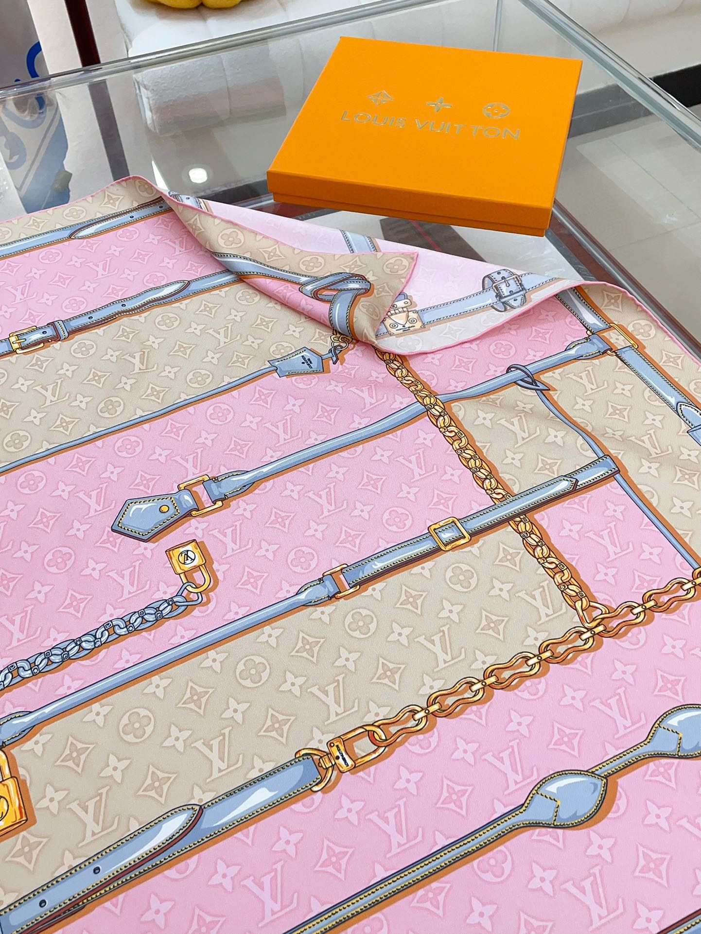 Pink and Beige Silk Feel Scarf for Women with Elegant Chain and Belt Print - Versatile Fashion Neck Scarf