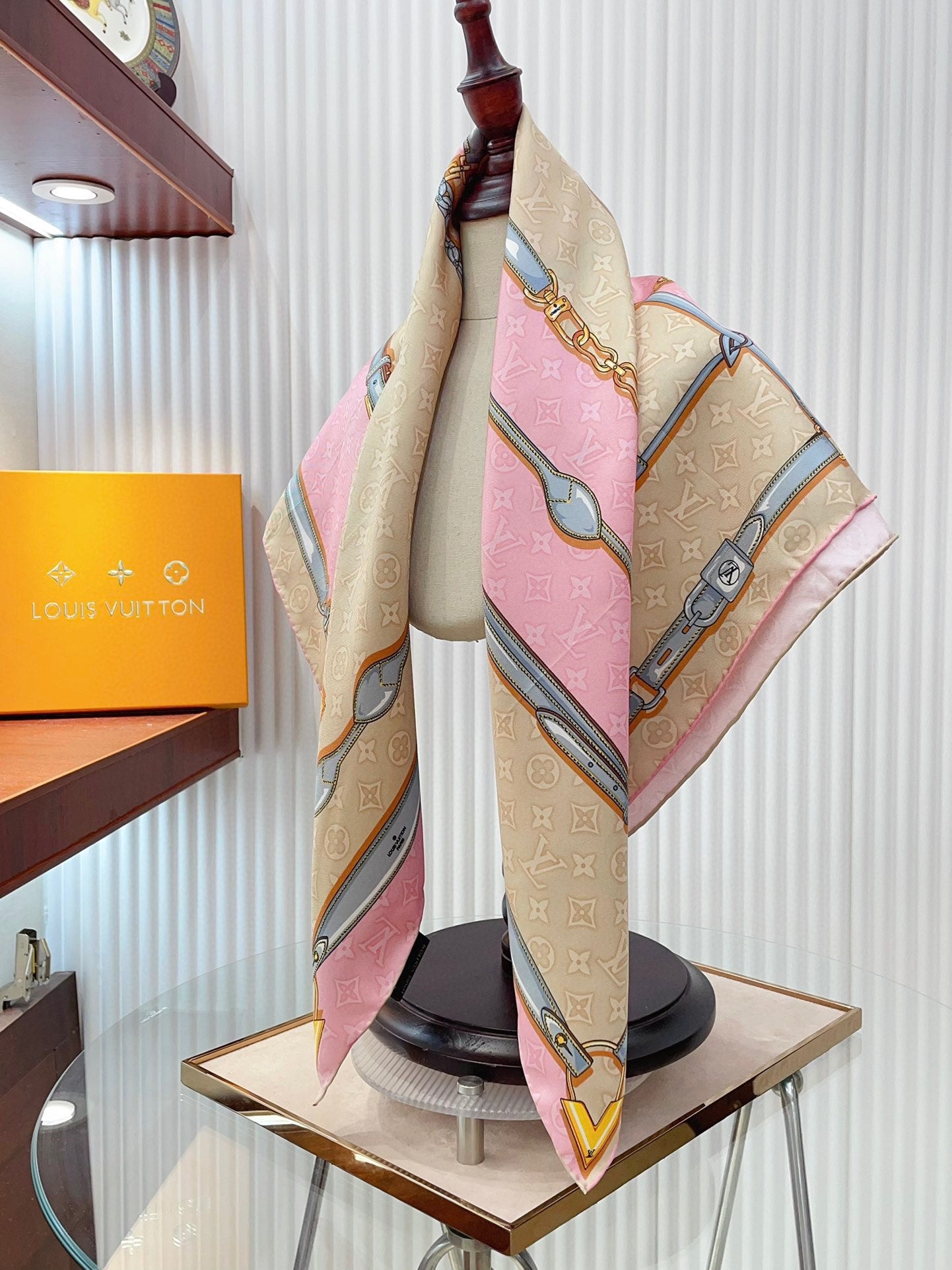 Pink and Beige Silk Feel Scarf for Women with Elegant Chain and Belt Print - Versatile Fashion Neck Scarf