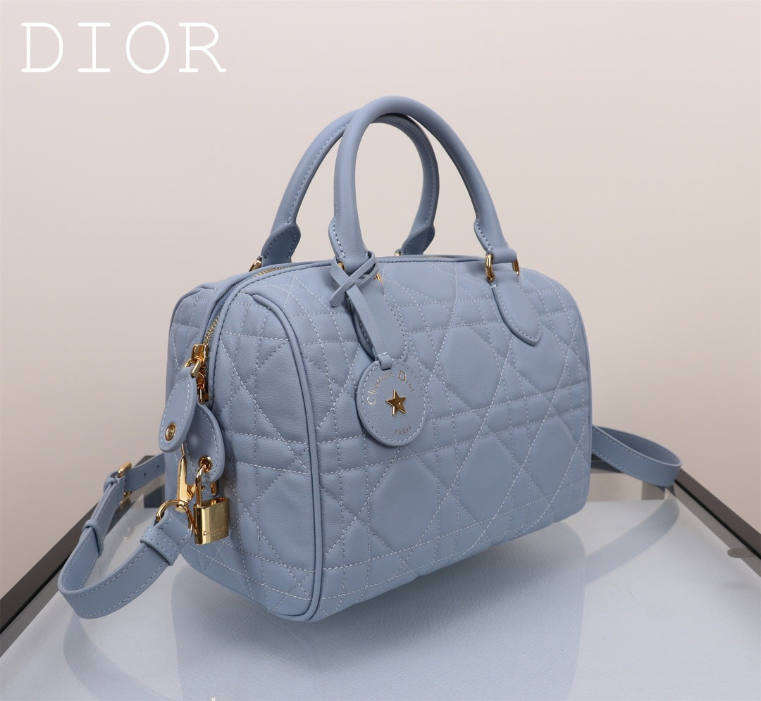 Christian Dior Vibe Zip Bowling Bag - Cannage Quilted Leather - Light Blue