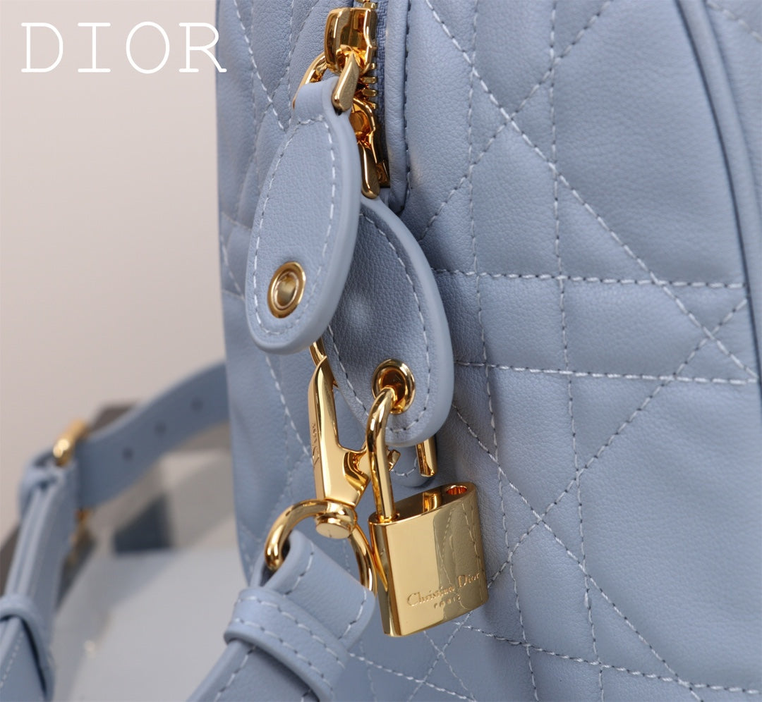 Christian Dior Vibe Zip Bowling Bag - Cannage Quilted Leather - Light Blue