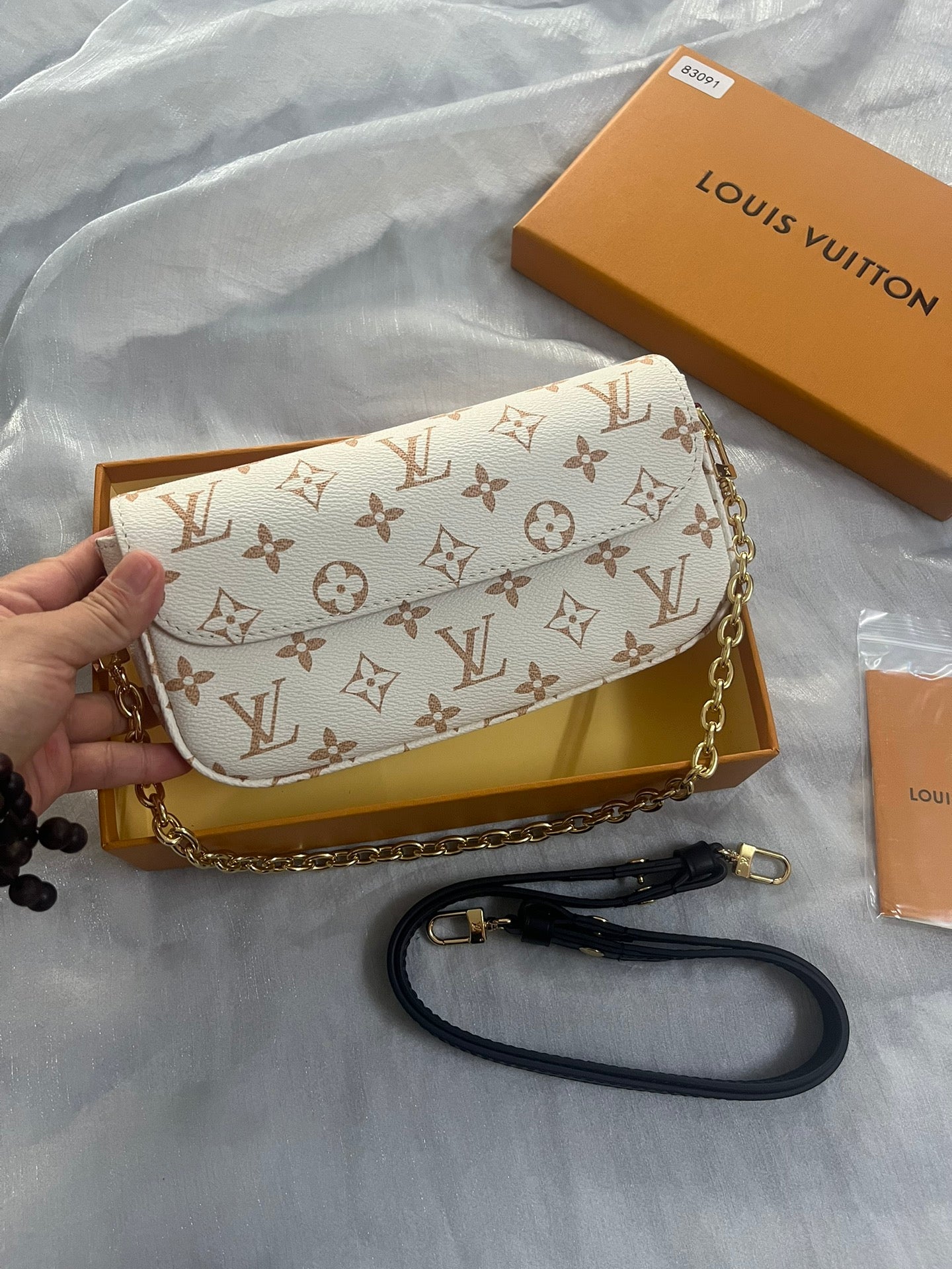 Louis Vuitton Beige Monogram Leather Shoulder Bag with Gold Chain
