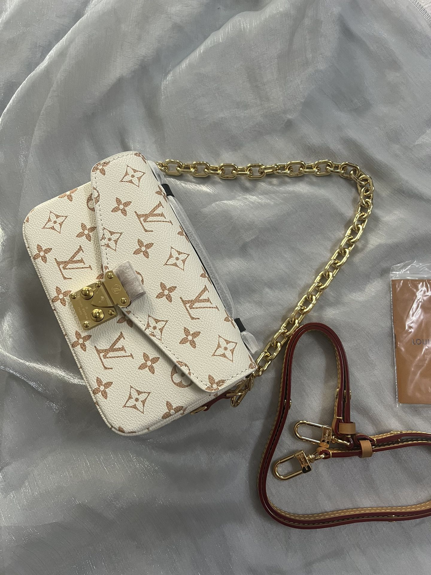 Classic Cream Monogram Luxury Shoulder Bag with Gold Chain & Crossbody Strap