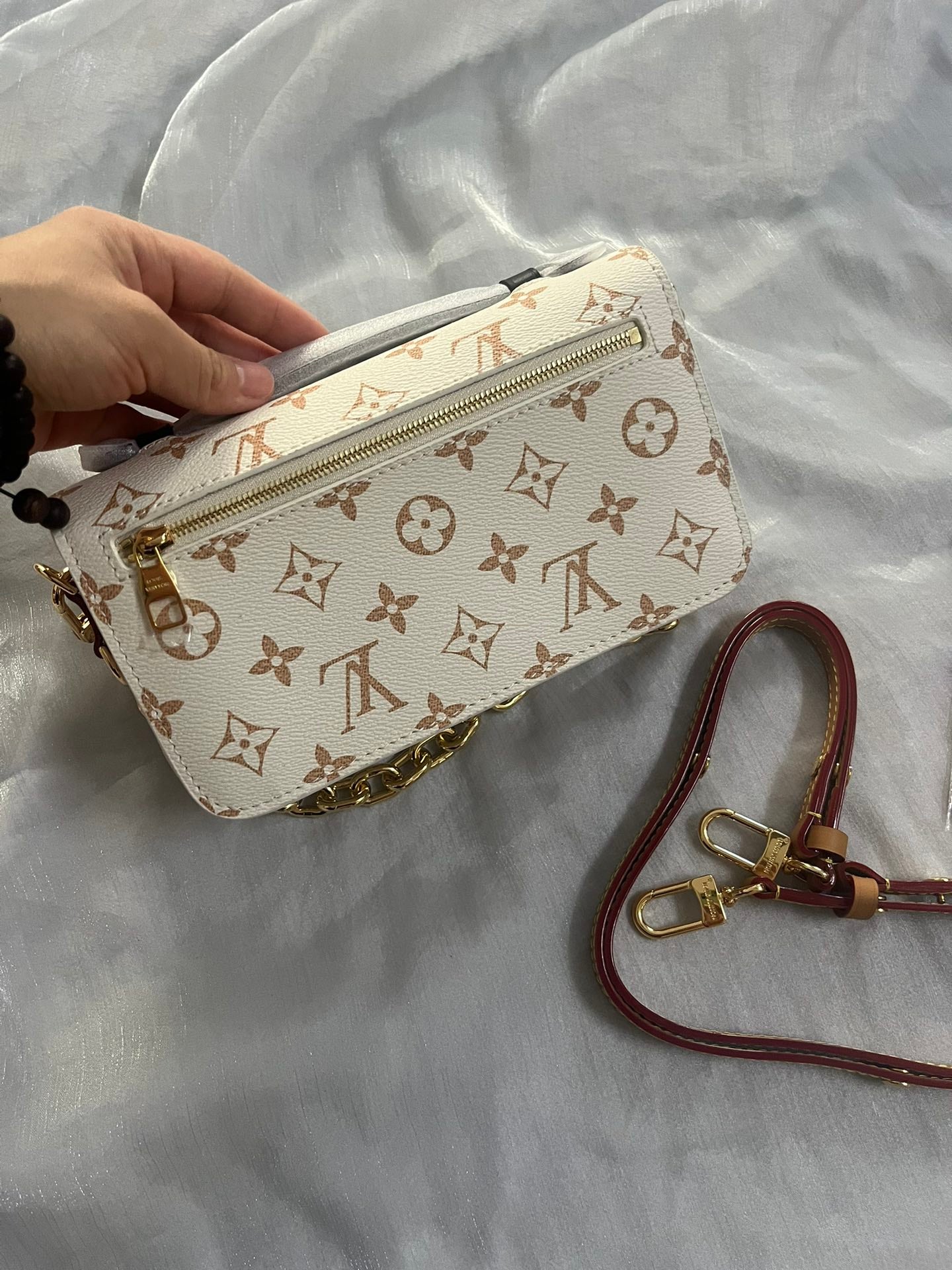 Classic Cream Monogram Luxury Shoulder Bag with Gold Chain & Crossbody Strap