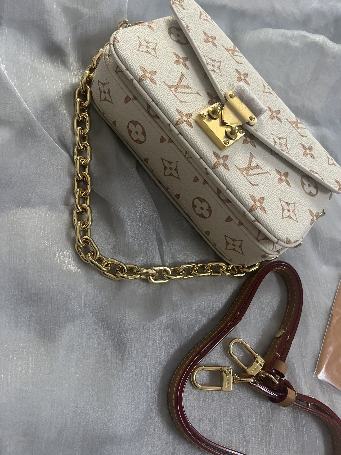 Classic Cream Monogram Luxury Shoulder Bag with Gold Chain & Crossbody Strap
