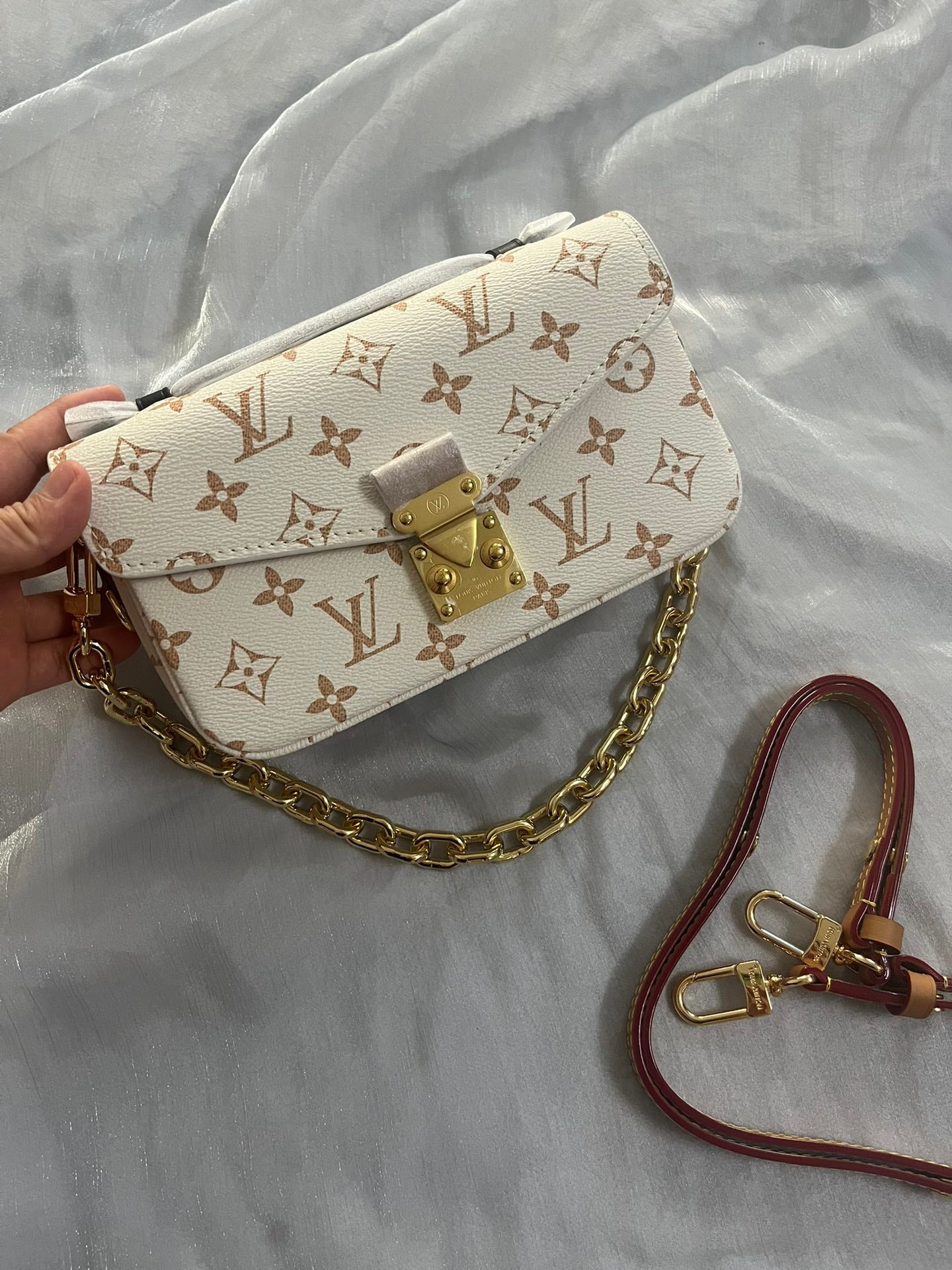Classic Cream Monogram Luxury Shoulder Bag with Gold Chain & Crossbody Strap