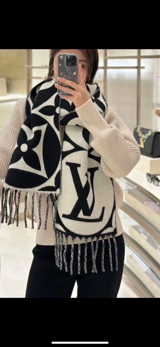 Luxury Monogram Print Oversized Scarf for Women - Black and White Reversible Fringed Winter Shawl Wrap