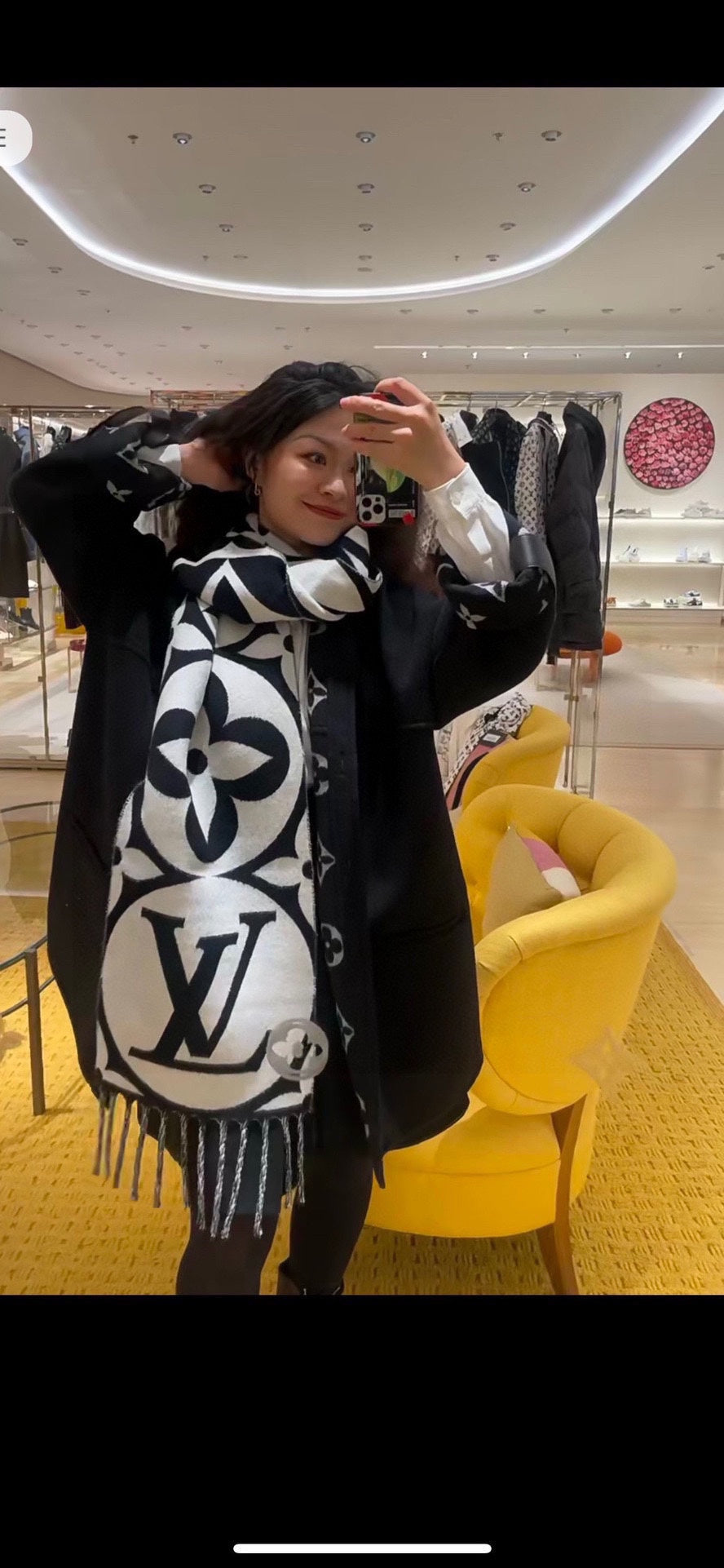 Luxury Monogram Print Oversized Scarf for Women - Black and White Reversible Fringed Winter Shawl Wrap