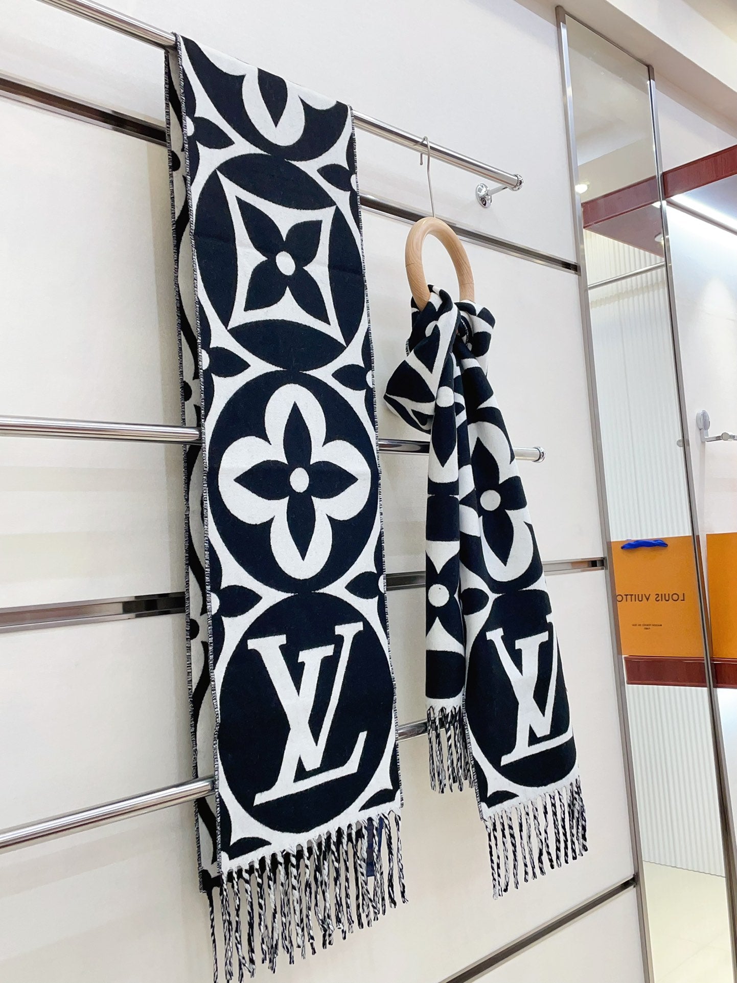 Luxury Monogram Print Oversized Scarf for Women - Black and White Reversible Fringed Winter Shawl Wrap