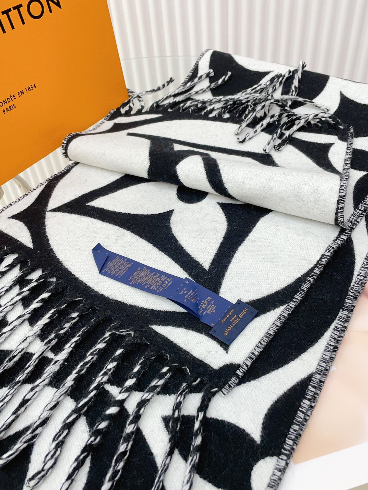 Luxury Monogram Print Oversized Scarf for Women - Black and White Reversible Fringed Winter Shawl Wrap