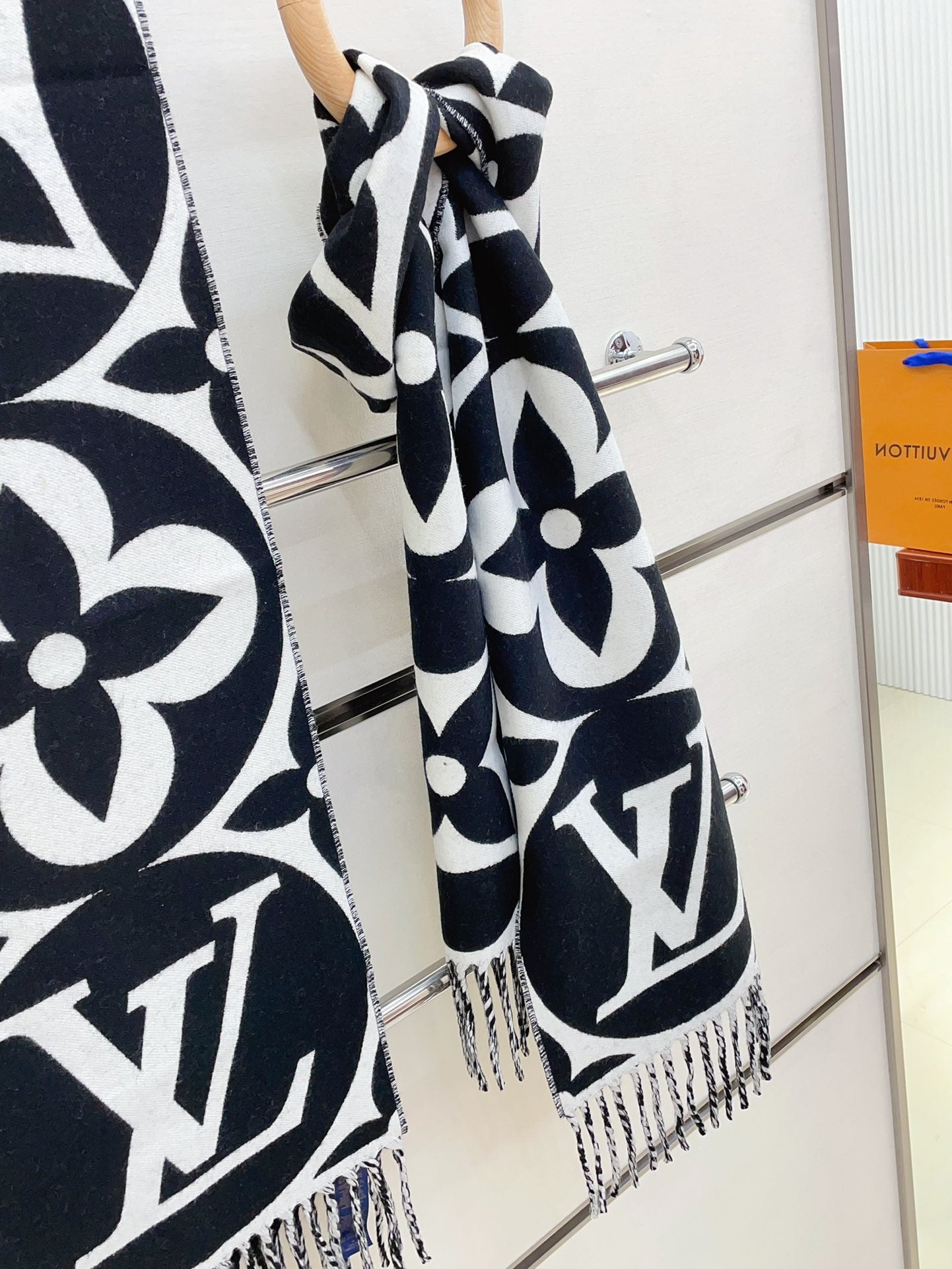 Luxury Monogram Print Oversized Scarf for Women - Black and White Reversible Fringed Winter Shawl Wrap