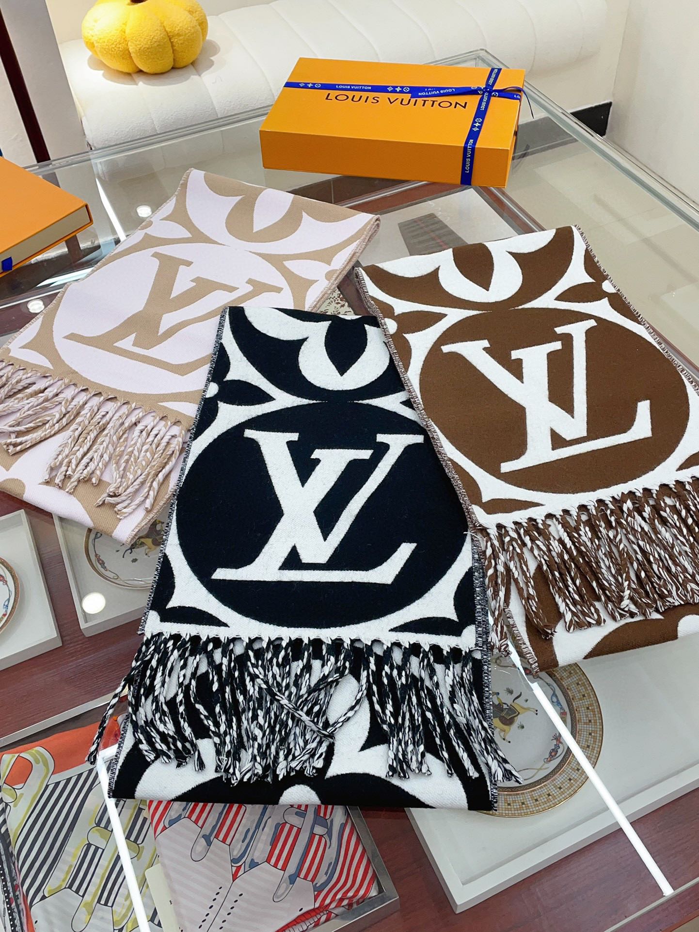 Luxury Monogram Print Oversized Scarf for Women - Black and White Reversible Fringed Winter Shawl Wrap