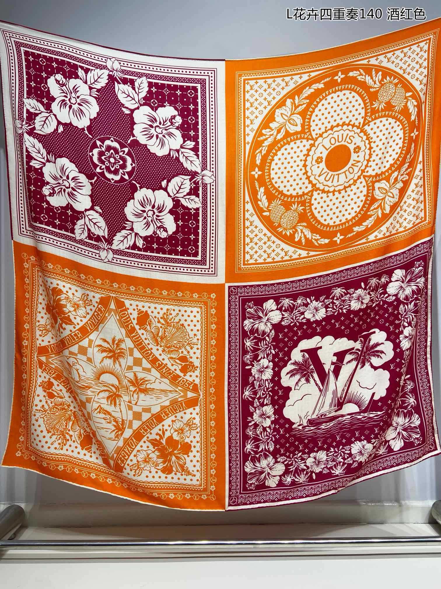 Women's Silk Square Scarf with Classic Monogram and Floral Print - Burgundy and Orange