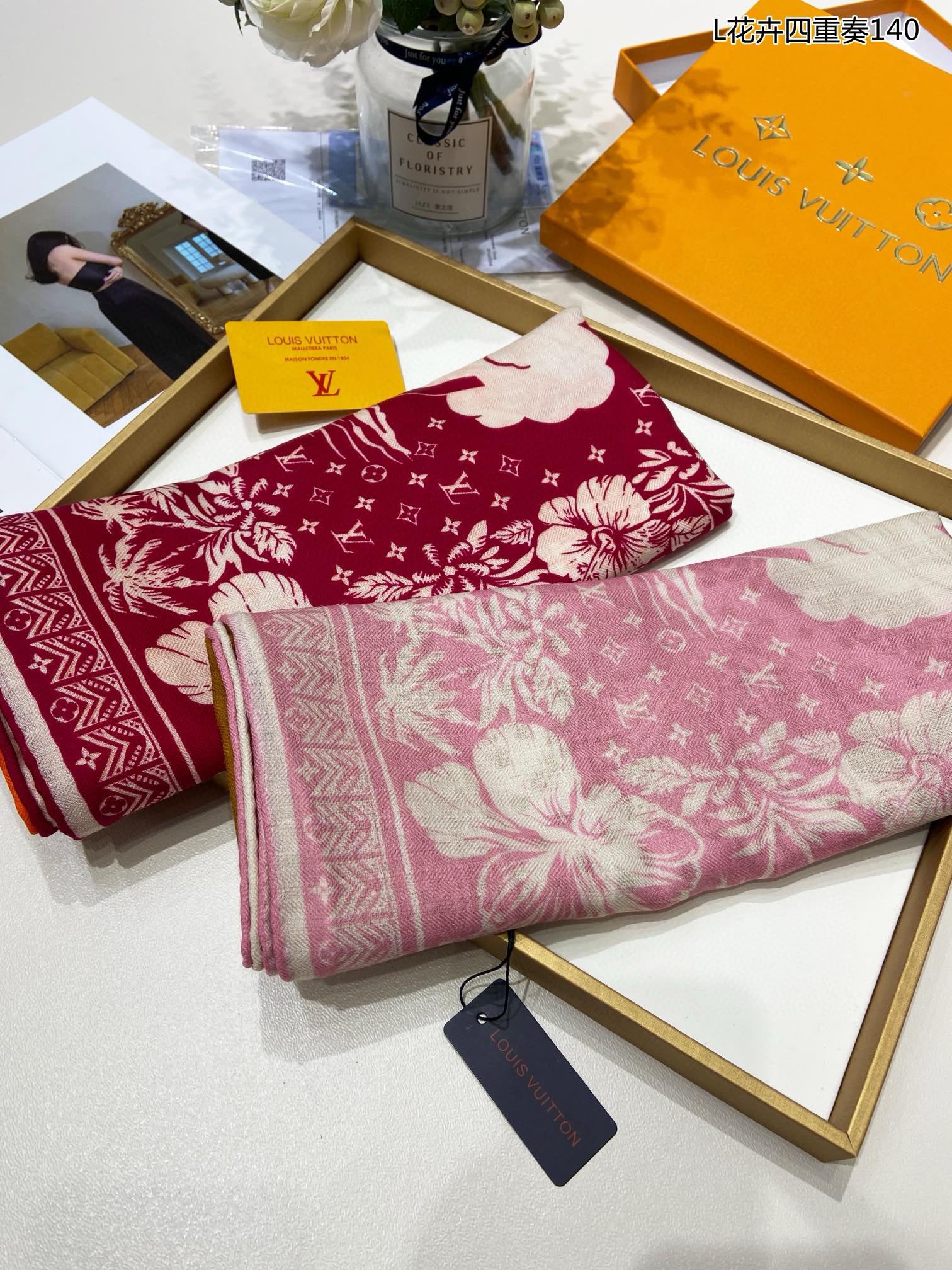 Women's Silk Square Scarf with Classic Monogram and Floral Print - Burgundy and Orange