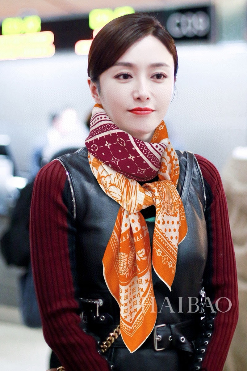 Women's Silk Square Scarf with Classic Monogram and Floral Print - Burgundy and Orange