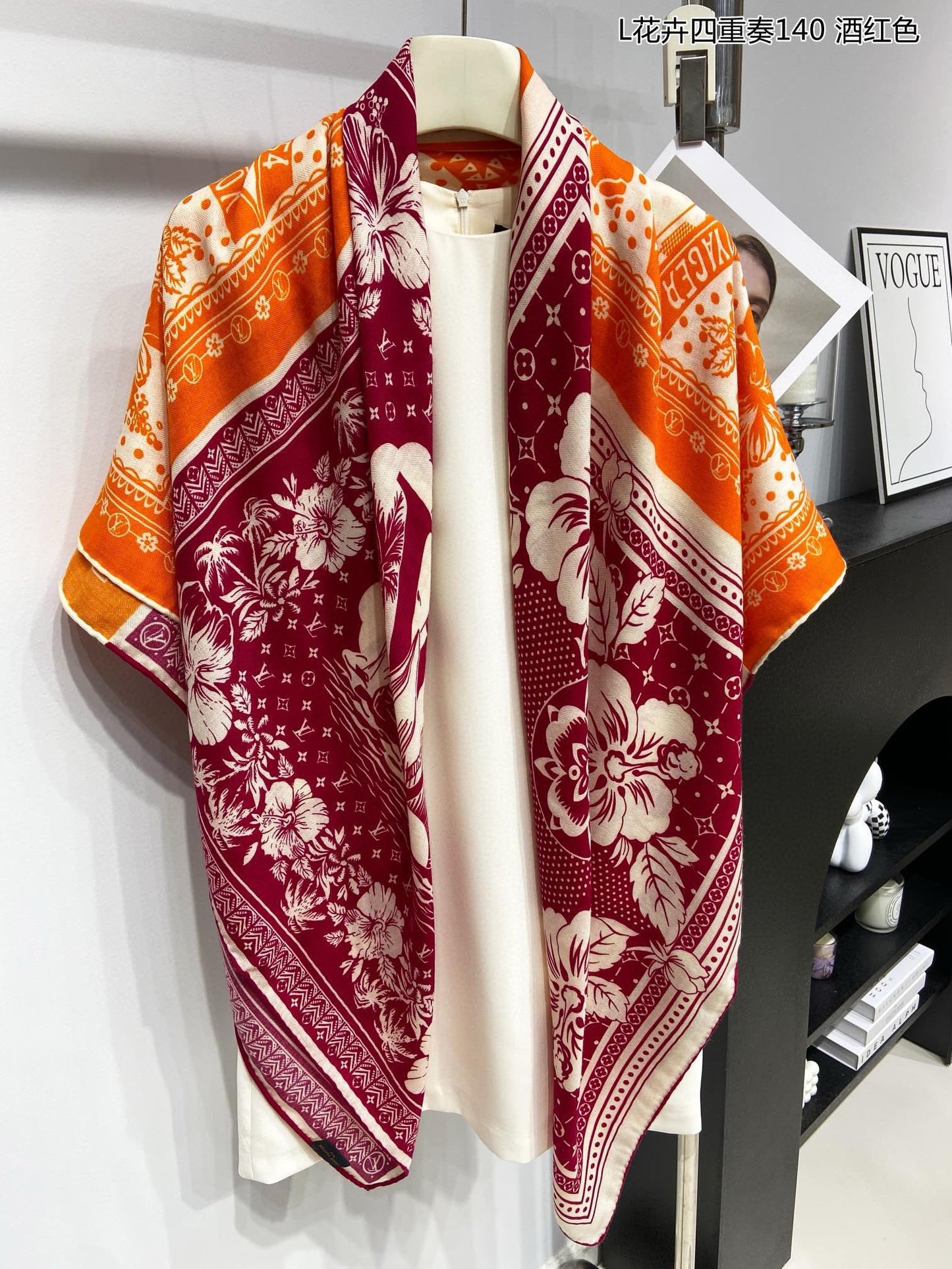 Women's Silk Square Scarf with Classic Monogram and Floral Print - Burgundy and Orange