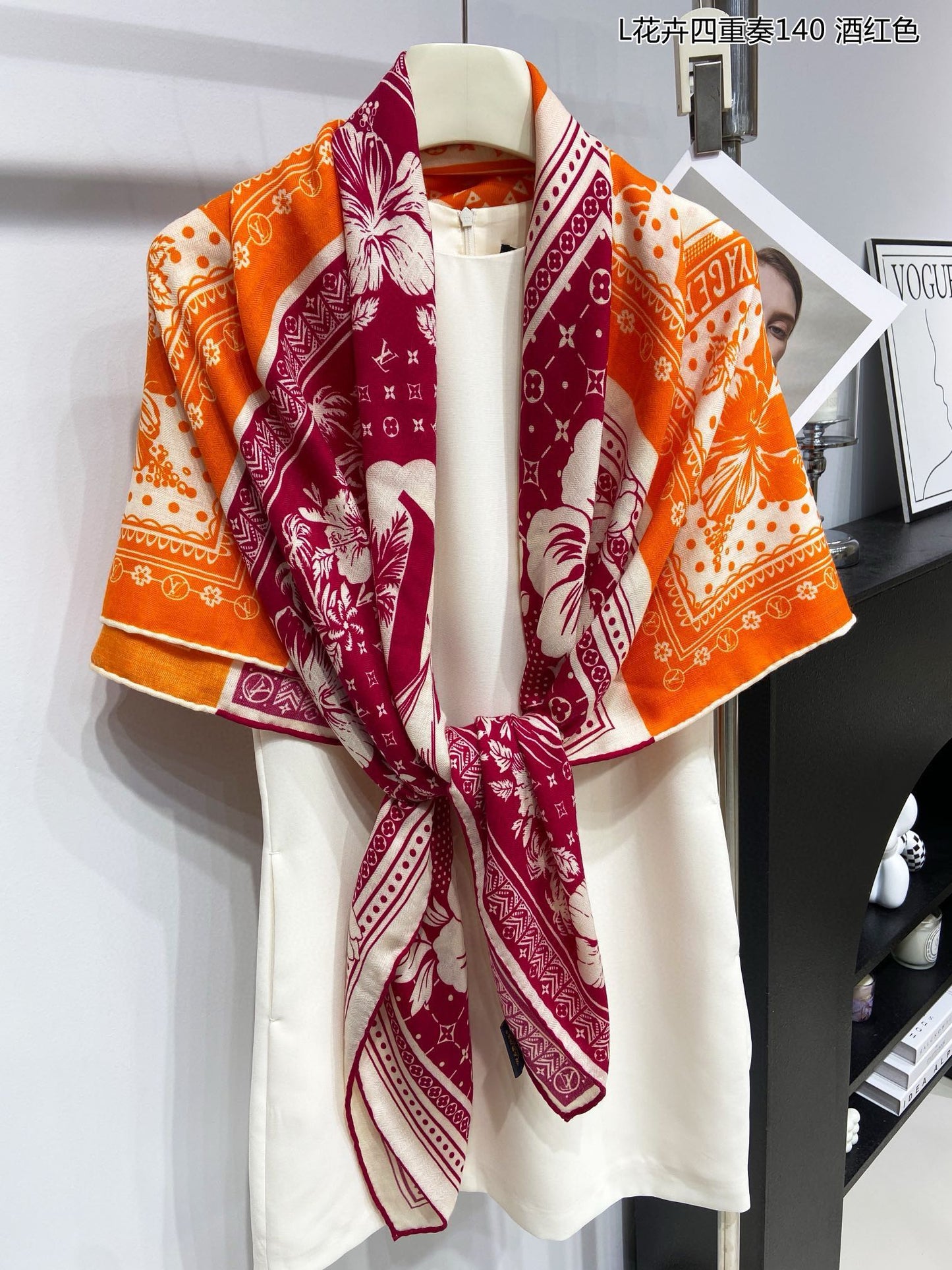 Women's Silk Square Scarf with Classic Monogram and Floral Print - Burgundy and Orange