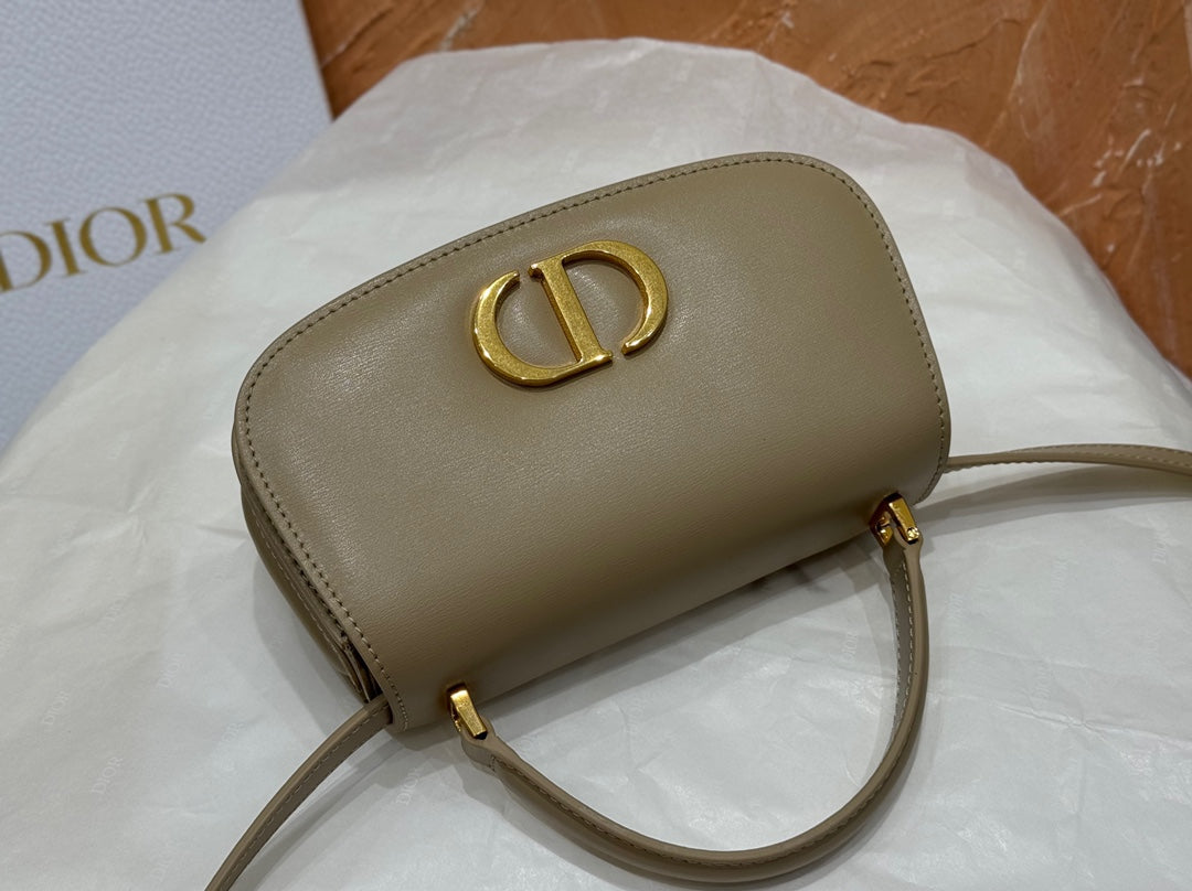 Dior Luxury Taupe Leather Shoulder Bag with Gold Buckle and Top Handle