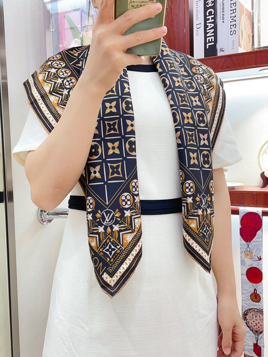 Women's Luxury Monogram Print Silk Satin Scarf - Navy Blue and Gold Geometric Pattern Square Fashion Scarf