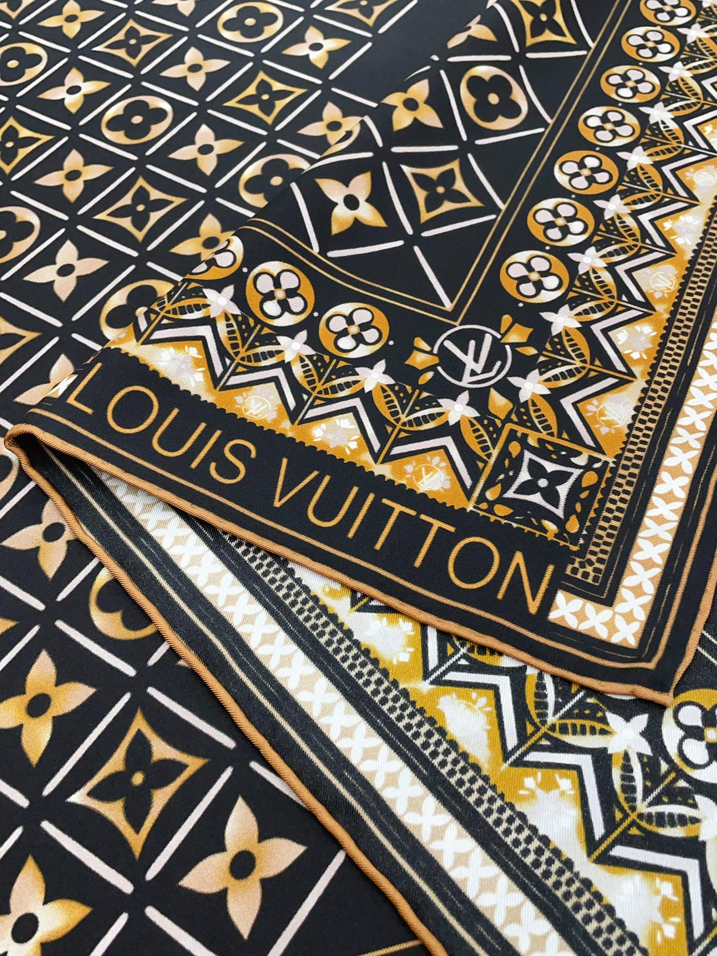 Women's Luxury Monogram Print Silk Satin Scarf - Navy Blue and Gold Geometric Pattern Square Fashion Scarf
