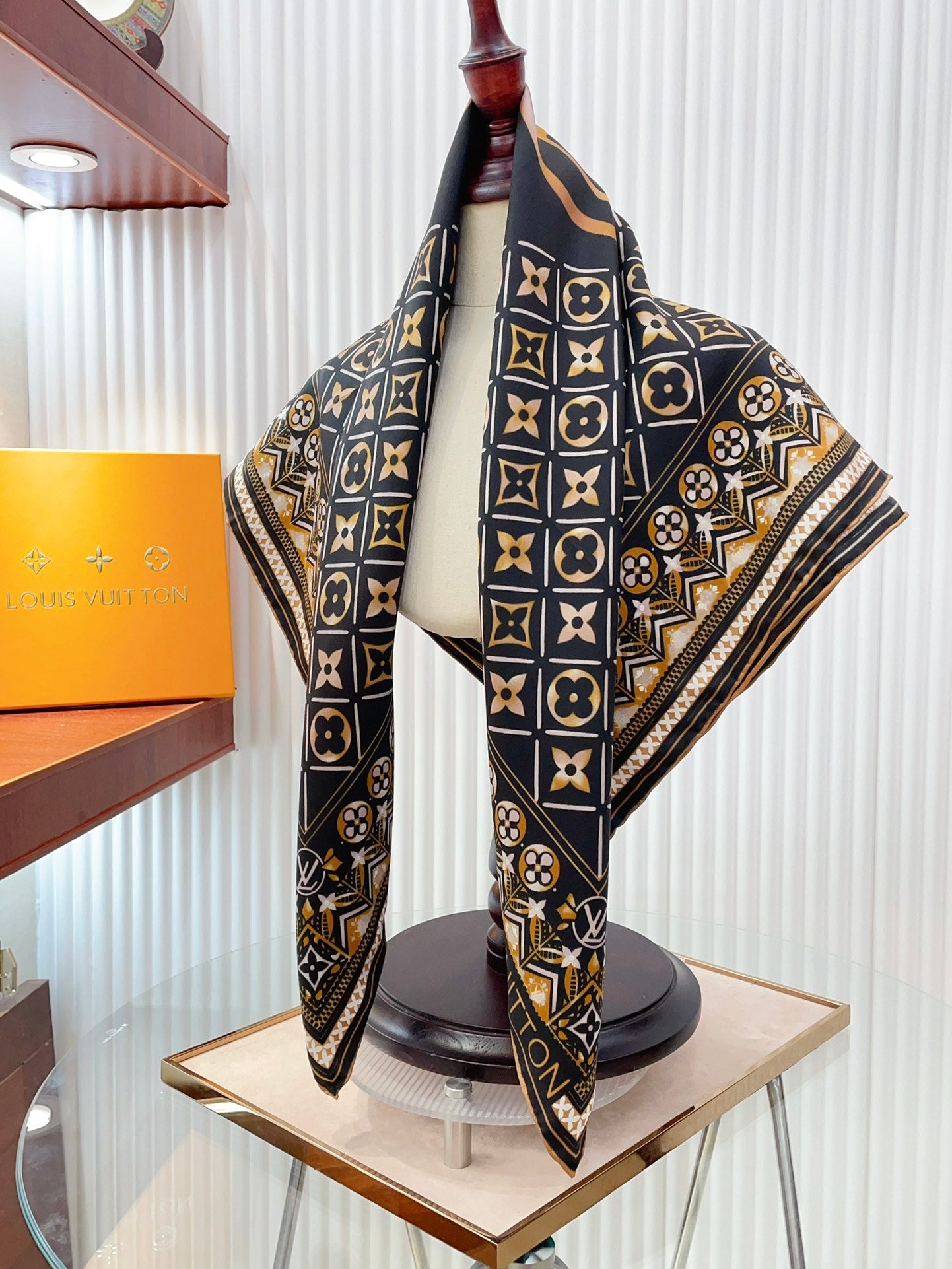 Women's Luxury Monogram Print Silk Satin Scarf - Navy Blue and Gold Geometric Pattern Square Fashion Scarf