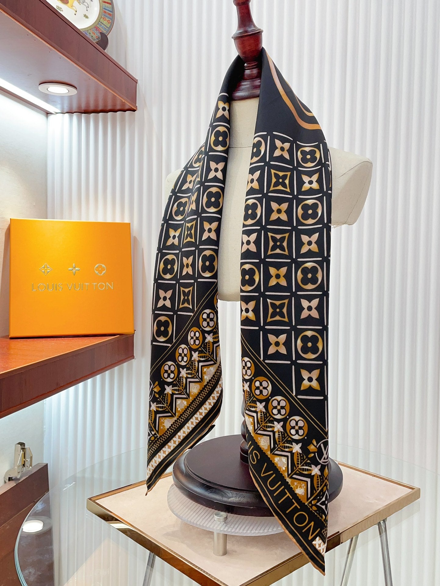 Women's Luxury Monogram Print Silk Satin Scarf - Navy Blue and Gold Geometric Pattern Square Fashion Scarf