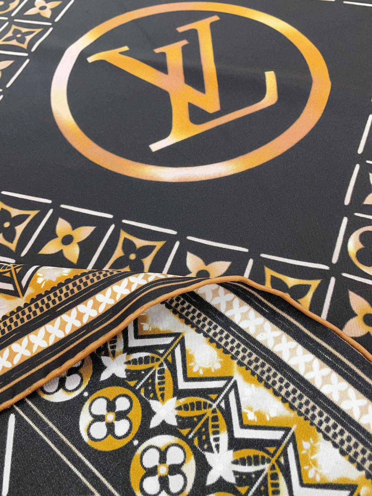 Women's Luxury Monogram Print Silk Satin Scarf - Navy Blue and Gold Geometric Pattern Square Fashion Scarf