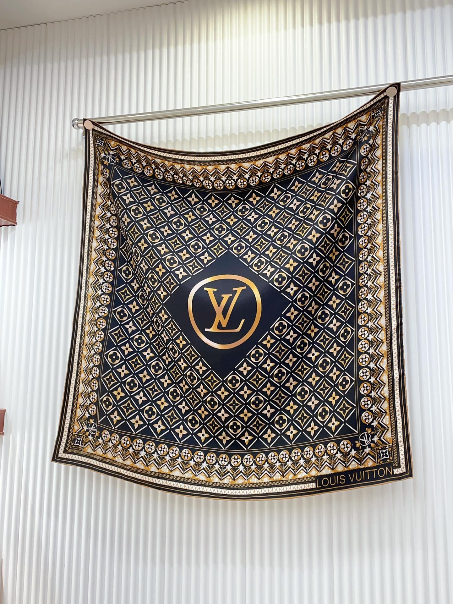 Women's Luxury Monogram Print Silk Satin Scarf - Navy Blue and Gold Geometric Pattern Square Fashion Scarf