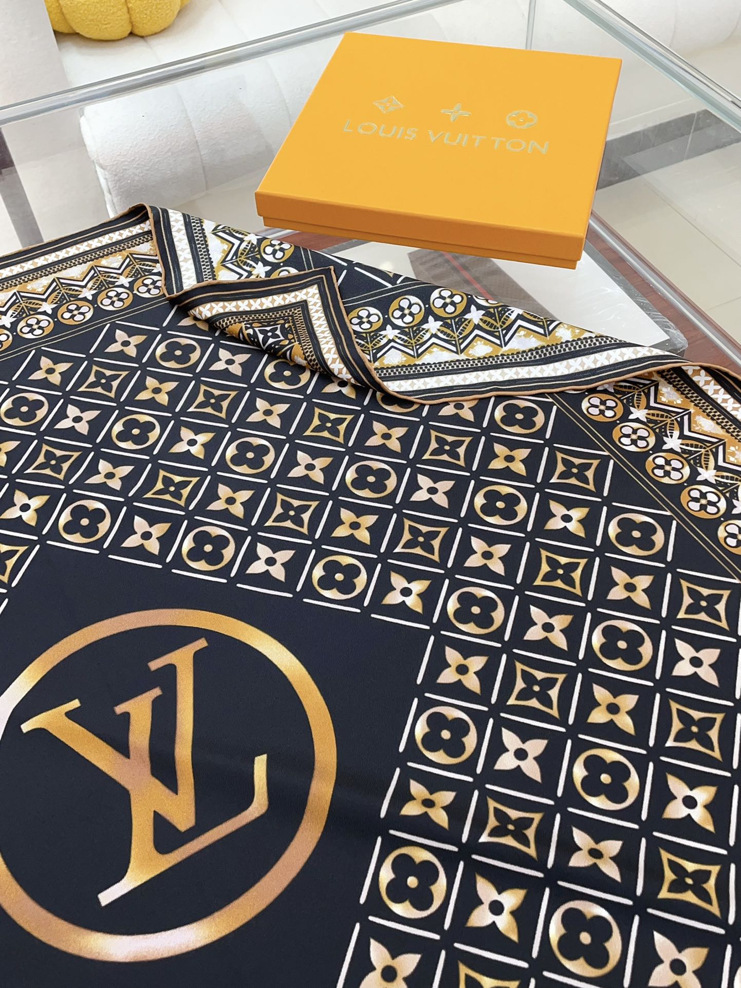 Women's Luxury Monogram Print Silk Satin Scarf - Navy Blue and Gold Geometric Pattern Square Fashion Scarf