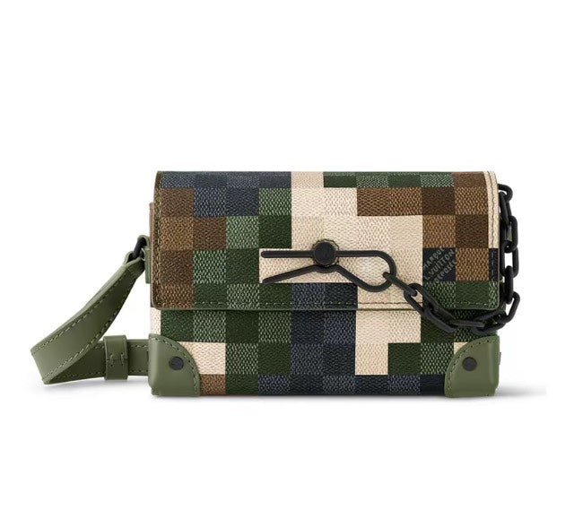 Designer Pixelated Camouflage Mini Soft Trunk Messenger Bag - Green and Khaki