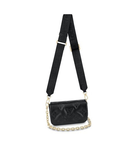 Women's Black Quilted Crossbody Shoulder Bag with Wide Webbing Strap & Gold Chain Detail