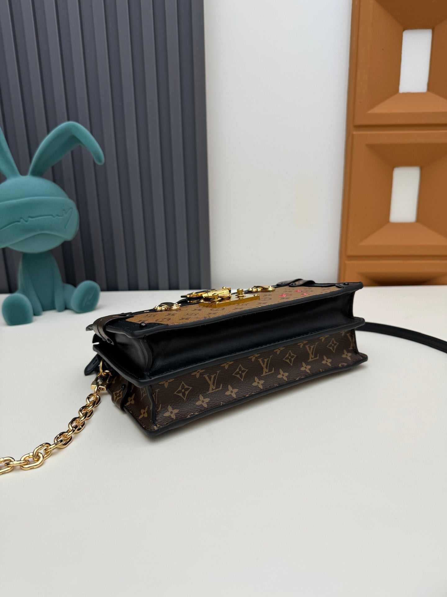Designer Monogram Mini Trunk Crossbody Bag - Gold Hardware and Chain Strap