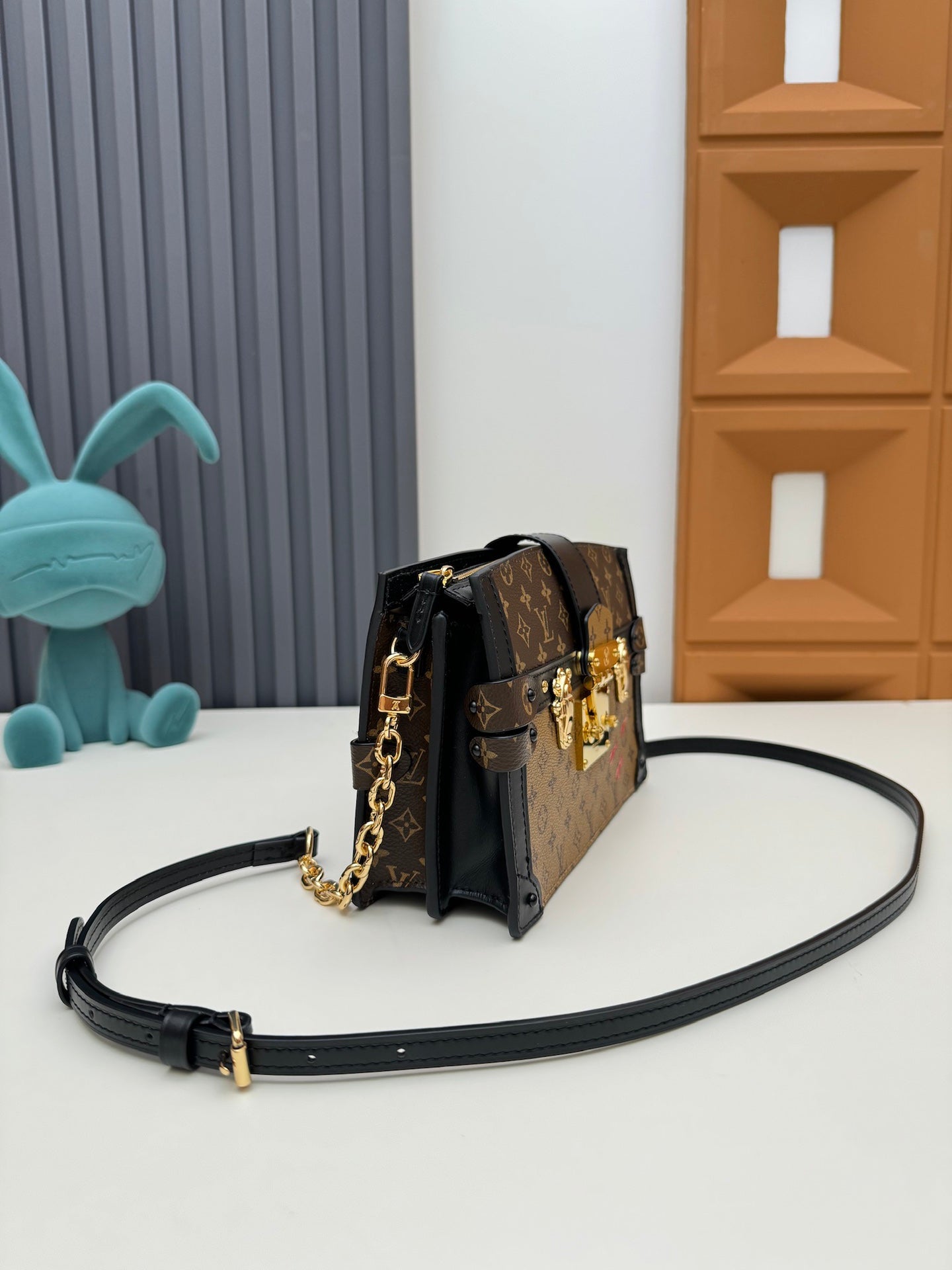 Designer Monogram Mini Trunk Crossbody Bag - Gold Hardware and Chain Strap