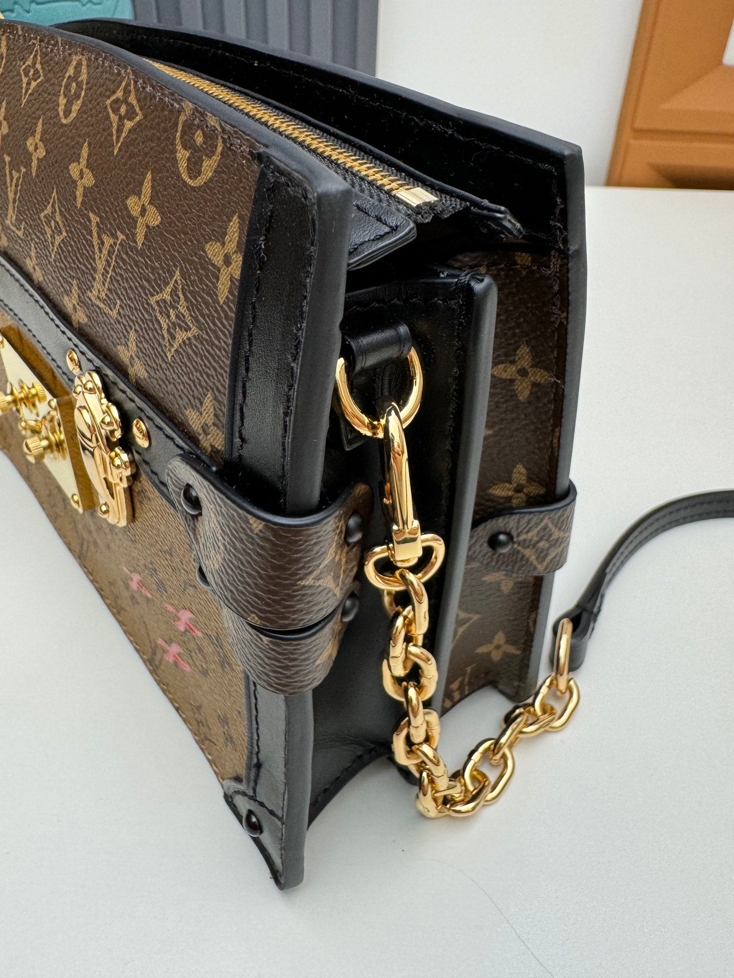Designer Monogram Mini Trunk Crossbody Bag - Gold Hardware and Chain Strap